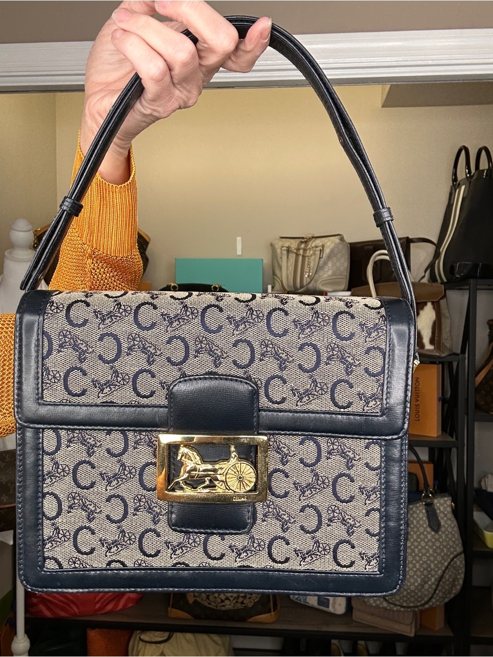 Vintage Celine Navy Sulky Horse Carriage Shoulder Bag Gold Tone Carriage COA